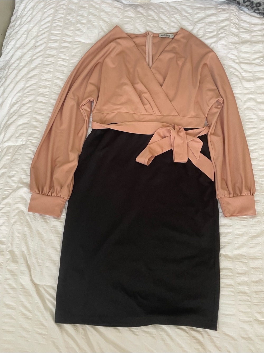 Grace Karin Blush Pink Wrap-Top Black Pencil Dress